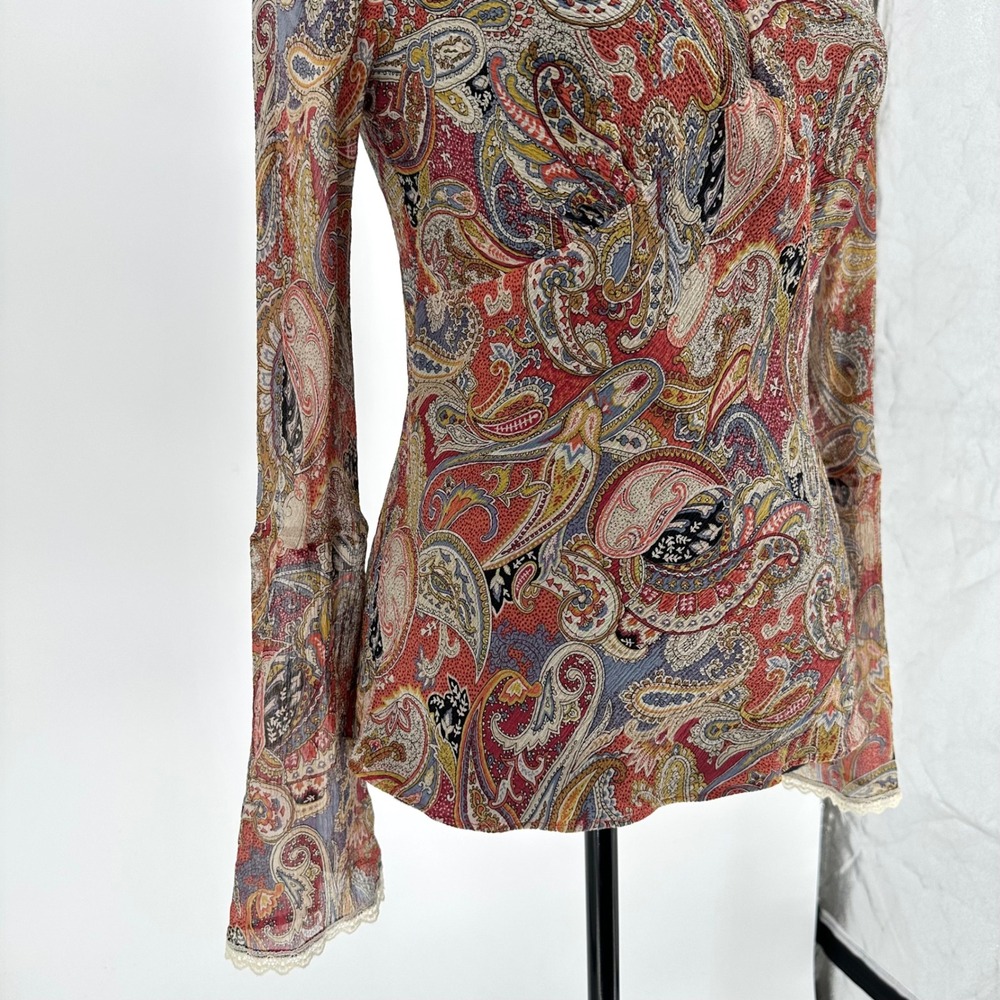 Red Paisley Boho 100% Silk Lace Flare Long Sleeve Sheer Top Whimsy Bohemian M - Picture 3 of 7
